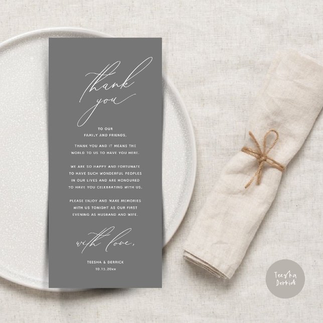 Dîner Mariage moderne Cadre Carte de remerciements (Modern Wedding Dinner Place Setting Thank You Card, Minimalist Dark Grey)