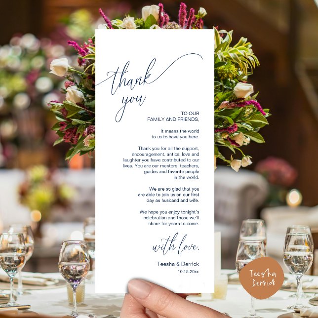 Dîner Mariage moderne Cadre Carte de remerciements (Modern Wedding Dinner Place Setting Thank You Card, in Classy Navy Blue)