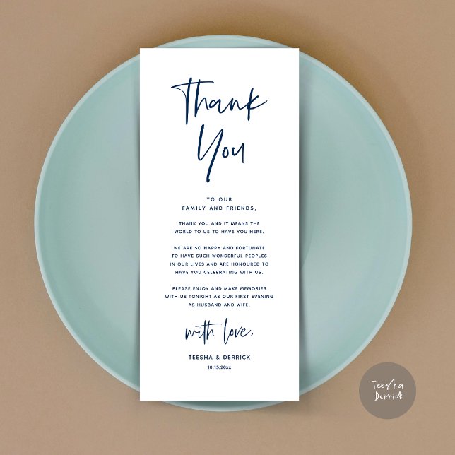 Dîner Mariage moderne Cadre Carte de remerciements (Welcome and Thanks, Modern Wedding Dinner Brunch Party Place Setting Thank You Card Navy Blue)
