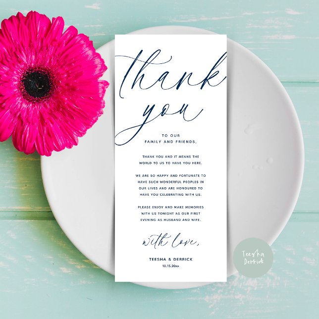 Dîner Mariage moderne Cadre Carte de remerciements (Wedding Dinner Place Setting Thank You Card Modern Romantic Contemporary Navy Blue)
