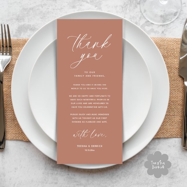 Dîner Mariage moderne Cadre Carte de remerciements (Wedding Dinner Place Setting Thank You Card Modern Romantic Contemporary Classy Terracotta Brown)