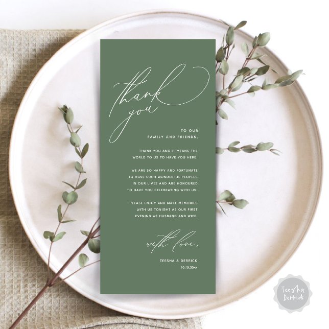 Dîner Mariage moderne Cadre Carte de remerciements (Modern Wedding Dinner Place Setting Thank You Card, Romantic Plate Decor, in Forest Sage Green)
