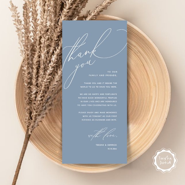 Dîner Mariage moderne Cadre Carte de remerciements (Modern Wedding Dinner Place Setting Thank You Card, Romantic Plate Decor, in Dusty Blue)