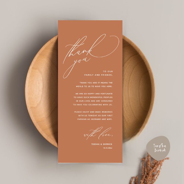 Dîner Mariage moderne Cadre Carte de remerciements (Modern Wedding Dinner Place Setting Thank You Card, Romantic Plate Decor, in Copper Brown Terracotta)