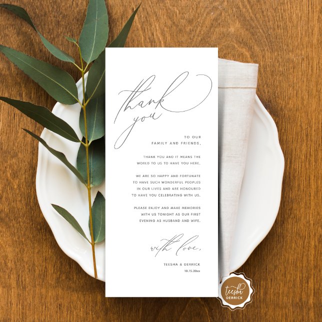 Dîner Mariage moderne Cadre Carte de remerciements (Modern Wedding Dinner Place Setting Thank You Card, Romantic Plate Decor, in Dark Grey)