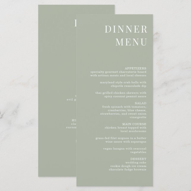 Dîner minimaliste moderne Sage Green Menu (Devant / Derrière)