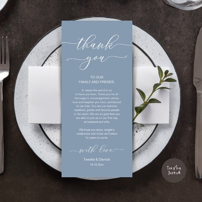 Dîner Romain Moderne Cadre Carte de remerciements (Wedding Dinner Place Setting Thank You Card, Modern Minimalist, in Dusty Blue)