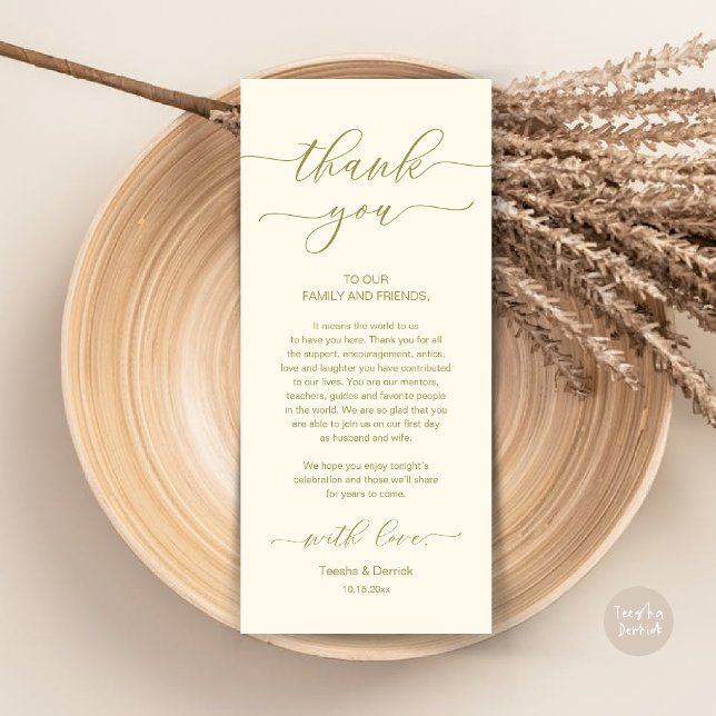 Dîner Romain Moderne Cadre Carte de remerciements (Wedding Dinner Place Setting Thank You Card, Modern Minimalist, in Retro Yellow Gold)
