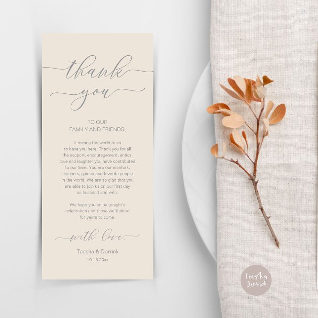 Dîner Romain Moderne Cadre Carte de remerciements (Wedding Dinner Place Setting Thank You Card, Modern Minimalist, in Grey and Cream)
