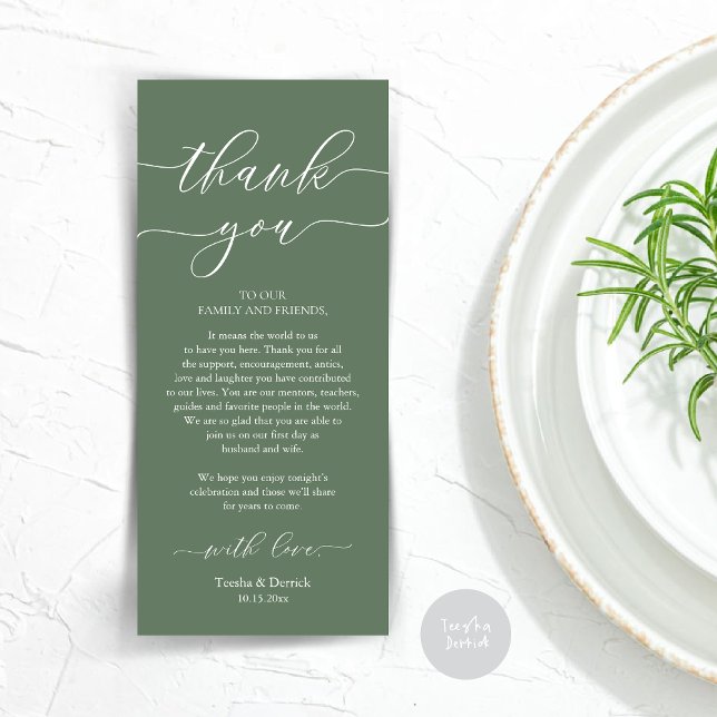 Dîner Romain Moderne Cadre Carte de remerciements (Wedding Dinner Place Setting Thank You Card, Plate Decoration, Modern Script, in Sage Green)
