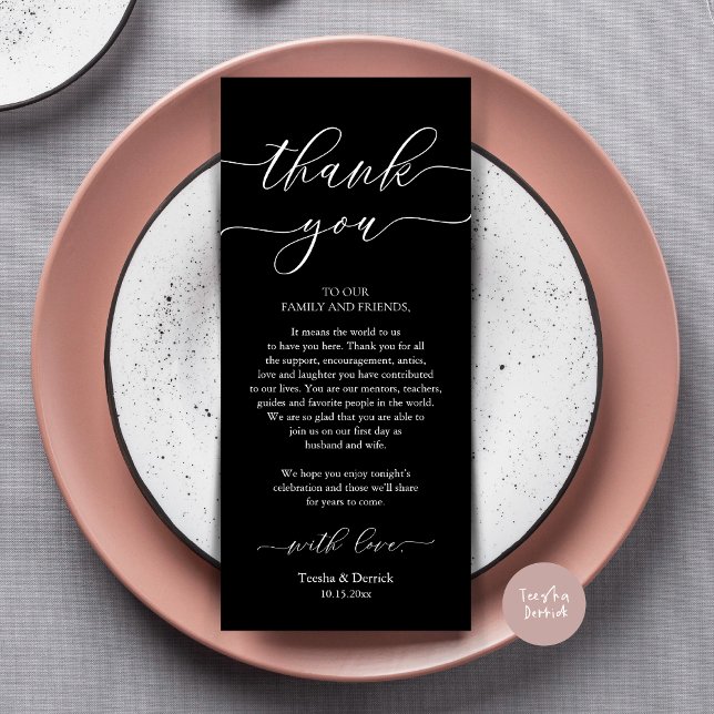 Dîner Romain Moderne Cadre Carte de remerciements (Wedding Dinner Place Setting Thank You Card, Plate Decoration, Modern Script, in Classy Black)