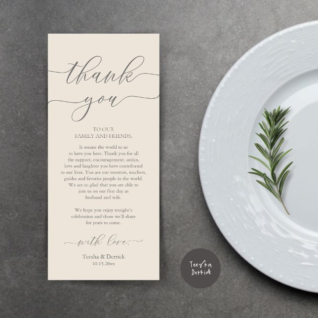 Dîner Romain Moderne Cadre Carte de remerciements (Wedding Dinner Place Setting Thank You Card, Plate Decoration, Modern Script, in Dark Grey Cream)