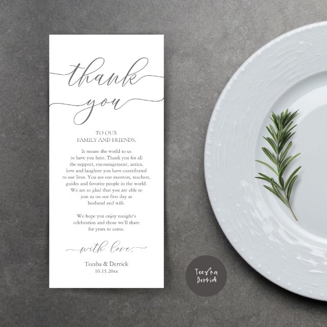 Dîner Romain Moderne Cadre Carte de remerciements (Wedding Dinner Place Setting Thank You Card, Plate Decoration, Modern Script, in Dark Grey)