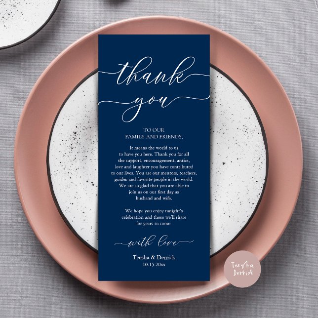 Dîner Romain Moderne Cadre Carte de remerciements (Wedding Dinner Place Setting Thank You Card, Plate Decoration, Modern Script, in Navy Blue)