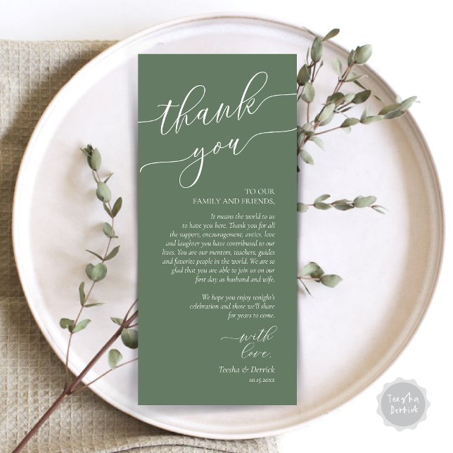 Dîner Romain Moderne Cadre Carte de remerciements (Wedding Dinner Place Setting Thank You Card, Modern Romance Design, in Forest Sage Green)