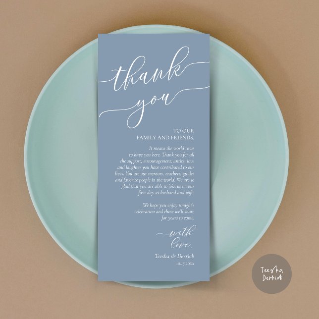 Dîner Romain Moderne Cadre Carte de remerciements (Wedding Dinner Place Setting Thank You Card, Modern Romance Design, in Dusty Blue)