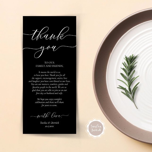 Dîner Romain Moderne Cadre Carte de remerciements (Wedding Dinner Place Setting Thank You Card, Plate Decor, Modern Classy, in Elegant Black)