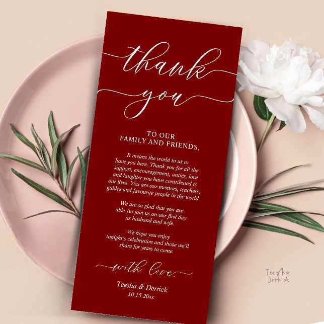 Dîner Rustique Mariage Cadre Carte de remerciement (Rustic Wedding Dinner Place Setting Thank You Card Reception in Burgundy Wine Red)