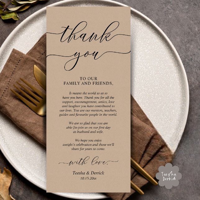 Dîner Rustique Mariage Cadre Carte de remerciement (Rustic Wedding Dinner Place Setting Thank You Card Reception in Brown Kraft)