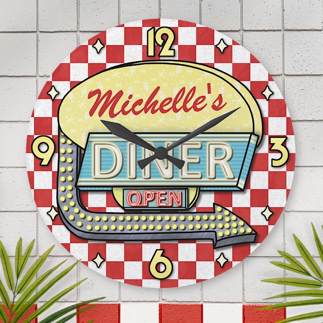 Diner Sign Retro 50er Red Checkered | INDIVIDUELLE Runde Wanduhr (Von Creator hochgeladen)