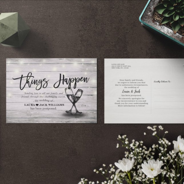 Dinge passieren Hochzeitspause Änderung der Pläne Ankündigungspostkarte (Von Creator hochgeladen)