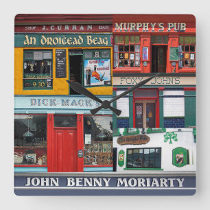 Dingle-Kneipen-Collage, irische Uhr. Irland Quadratische Wanduhr