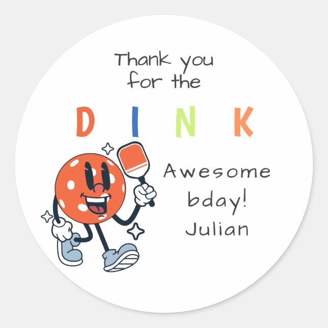 Dink Pickleball Party Sports Cartoon Mascot Paddel Runder Aufkleber (Vorderseite)