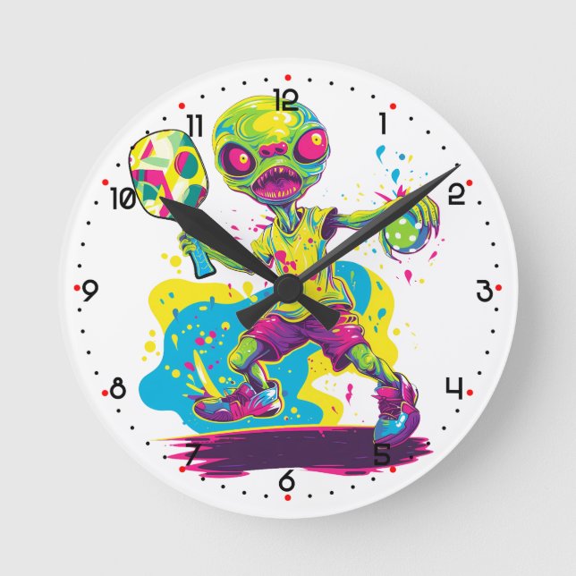 Dinkin' with the Aliens Pickleball  Runde Wanduhr (Vorderseite)
