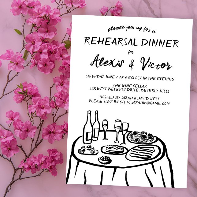 Dinner der Probe mit Whimsikhandzeichnung nach Maß Einladung (Whimsical Hand Drawn Rehearsal Dinner Table Custom Invitation
)