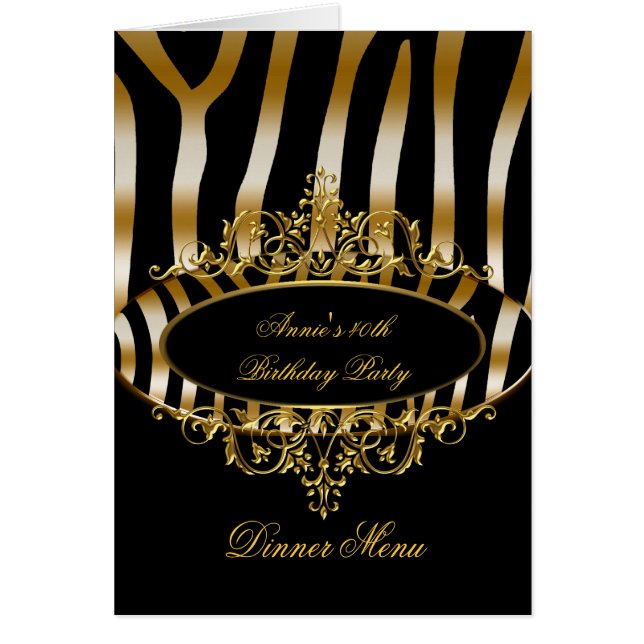 Dinner Menu Card Gold Zebra Black (Vorne)