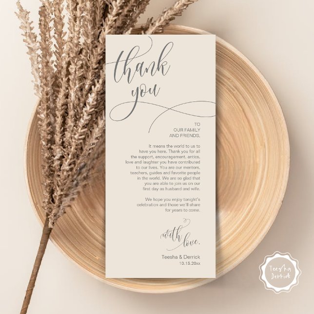 Dinner Place Setting Vielen Dank, Moderne Script C Programm (Wedding Dinner Place Setting Thank You Card, Plate Decor, Modern Calligraphy, in Cream Grey)