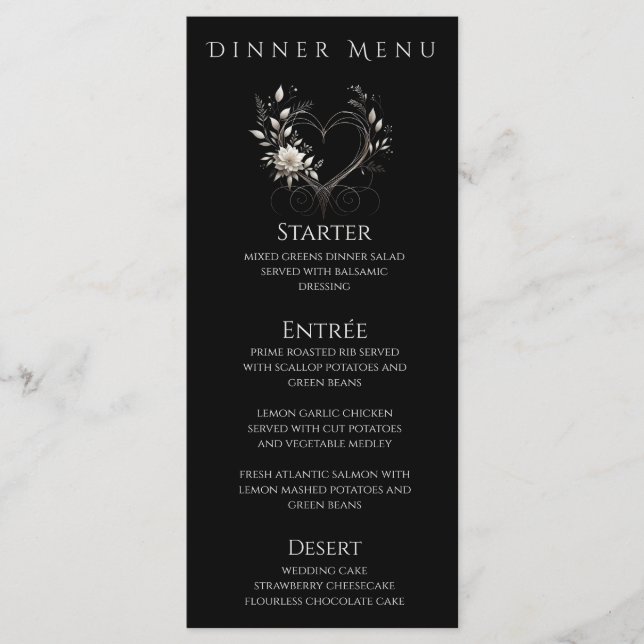 Dinner und Bar Menu-White-Blume mit Herz Menükarte (Vorderseite)