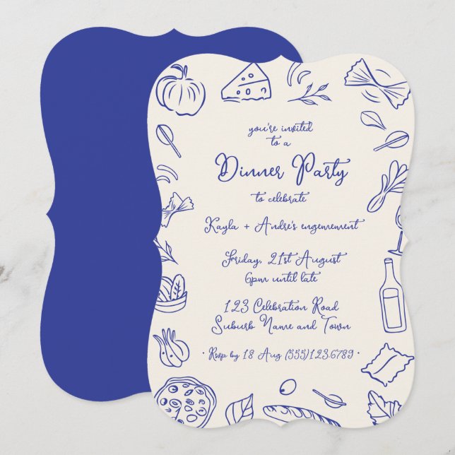 Dinnerparty handgezeichnete Einladung (Vorne/Hinten)