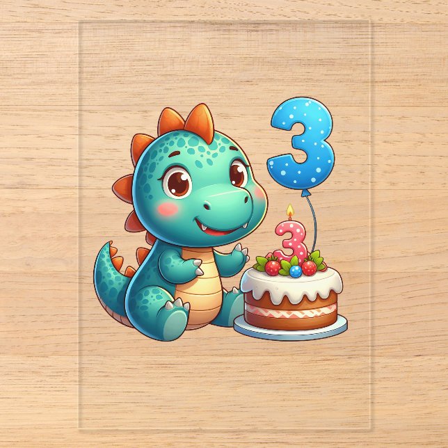 Dino 3. Geburtstag Acryleinladungen (Vorderseite)