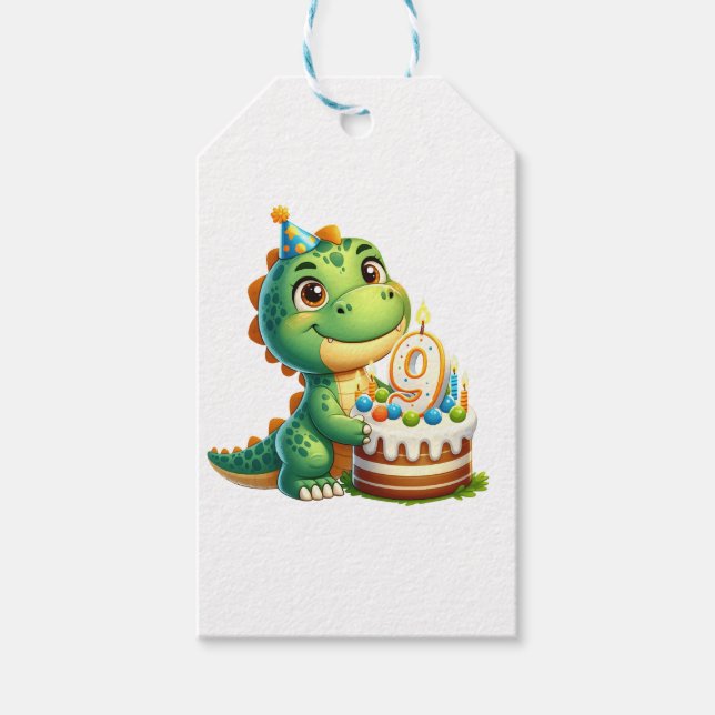 Dino 9. Geburtstag Geschenkanhänger (Vorderseite)