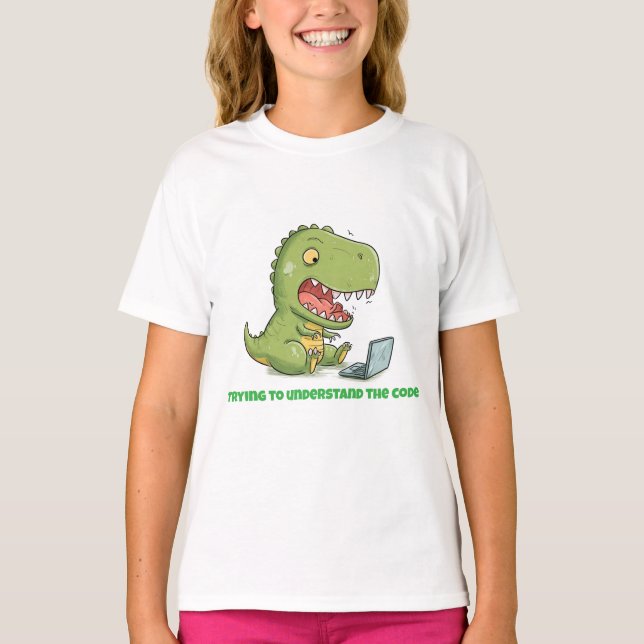 Dino Coder: Laptop Tyrannosaur T-Shirt (Vorderseite)