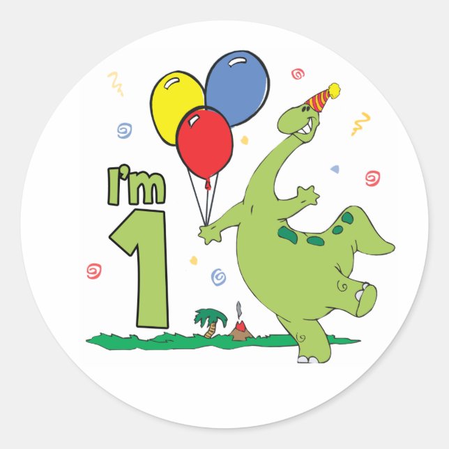 Dino First Birthday Classic Round Sticker (Vorderseite)