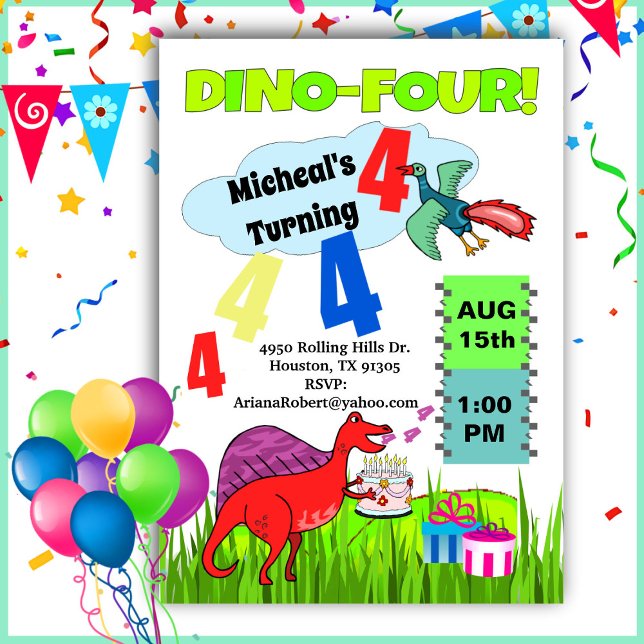 Dino Four Dinosaur Boy 4e Invitation anniversaire (Créateur téléchargé)