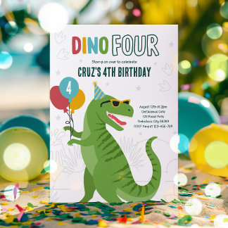 Dino Four T-Rex Dinosaur 4. Geburtstags-Party Einladung