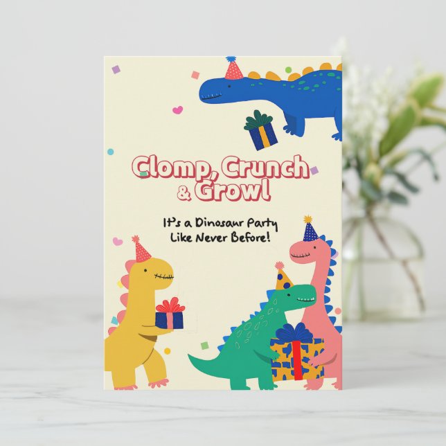 Dino Friends Birthday Einladung (Stehend Vorderseite)