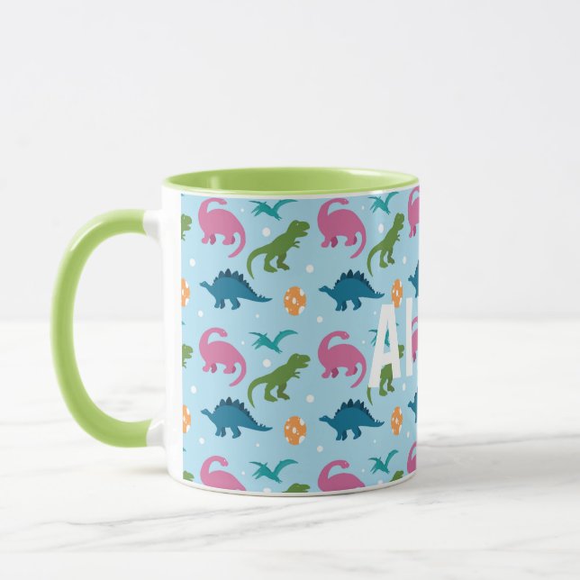 Dino Fun Kids Pink Orange Green Blue Name Tasse (Links)
