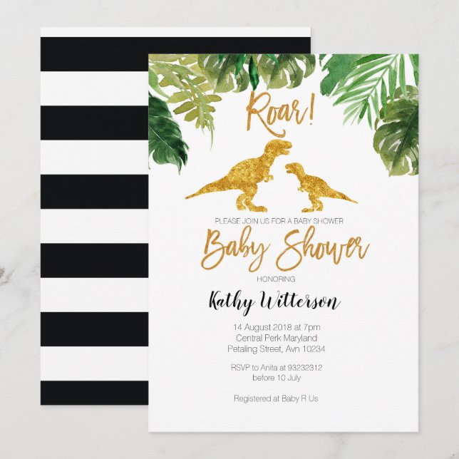 Dino Greenery oh invitation baby shower bébé (Devant / Derrière)