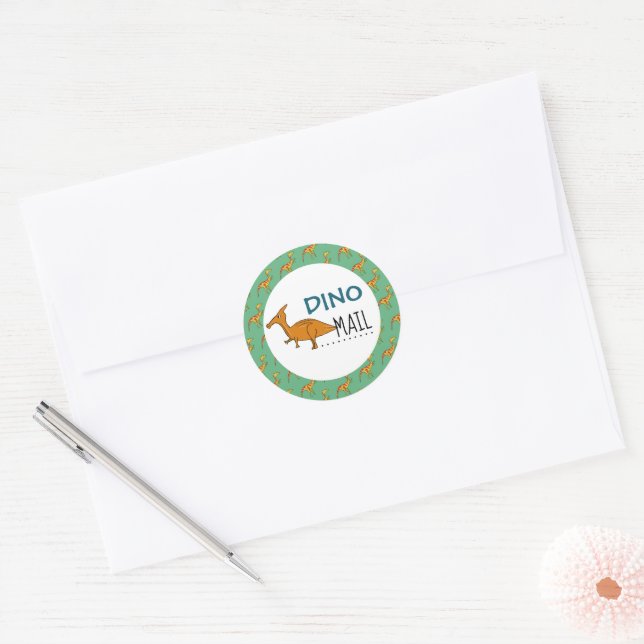 Dino Mail, Dinosaur Runder Aufkleber (Umschlag)