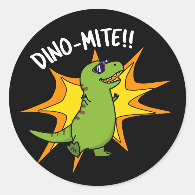 Dino-mite Funny TRex Dinosaur Pun Dark BG Runder Aufkleber (Vorderseite)