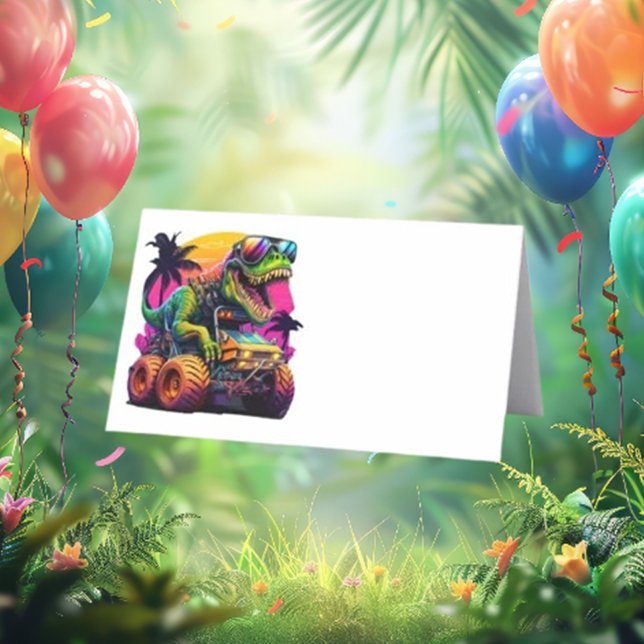 Dino Monster Truck Happy Birthday Platzkarte (Celebrate your little one's big day with our Dino Monster Truck Happy Birthday place card!)