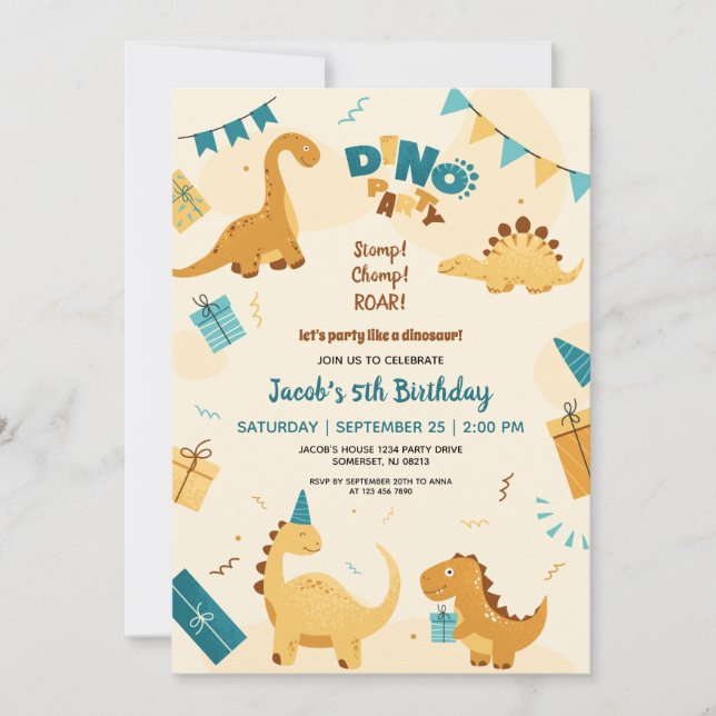 Dino Party. Niedliche Dinosaurier 5. Geburtstag Einladung (Vorderseite)