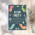 Dino Party | Niedliche Dinosaurier Erster Geburtst Einladung<br><div class="desc">Feiern Sie Ihren ersten Geburtstag mit unserem Dino-Party! Dieses niedliche Geburtstag Party Design verfügt über einen Rahmen von bunten Dinosauriern und Ihre individuellen Party-Details in modernen Typografie vor einem blauen Hintergrund. Auf der Rückseite der Einladung ist eine pastellgrüne Farbe zu sehen. Personalisieren Sie die erste Geburtstagsfeier lädt durch Hinzufügen des...</div>