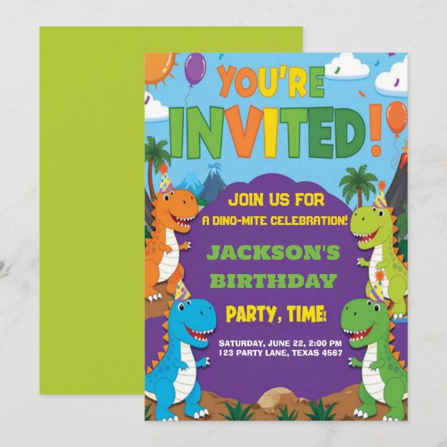 Dino Party | Niedliche Dinosaurier Geburtstag Einladung (Vorne/Hinten)