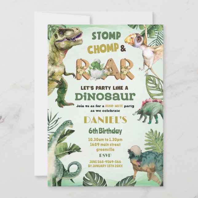 Dino Party | Niedliche Dinosaurier Thema Geburtsta Einladung (Vorderseite)