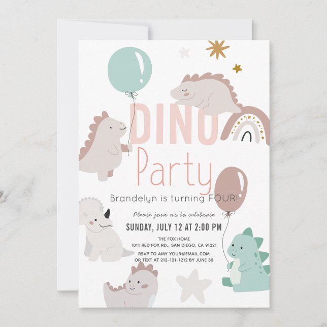 Dino Party Pink Dinosaur Girl Geburtstag Einladung (Vorderseite)